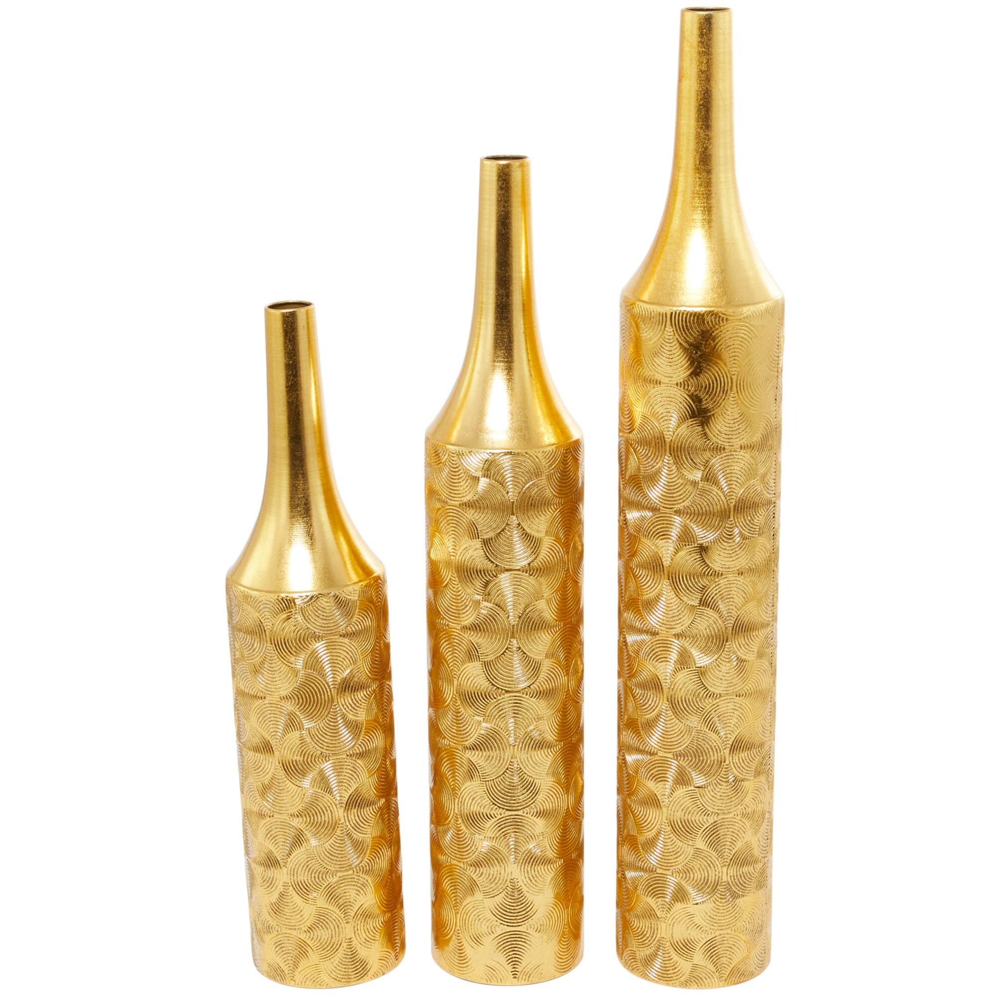 Gold Metal Tall Distressed Metallic Vase with Etched Swirl Patterns Set of 3 36", 30", 25"